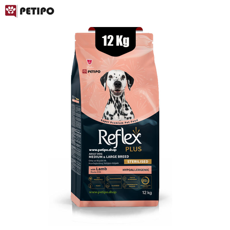 غذای خشک سگ بالغ عقیم شده نژاد متوسط و بزرگ رفلکس پلاس طعم بره و برنج Reflex Plus Sterilised Adult Dog وزن 12 کیلوگرم
