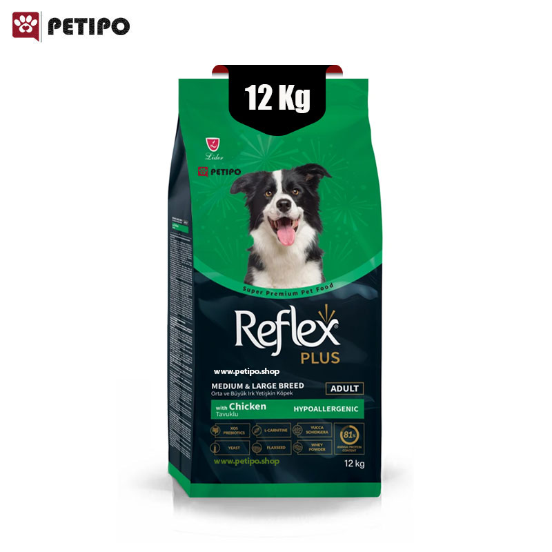 غذای خشک سگ بالغ نژاد متوسط و بزرگ رفلکس پلاس طعم مرغ Reflex Plus Adult Dog Food with Chicken وزن 12 کیلوگرم