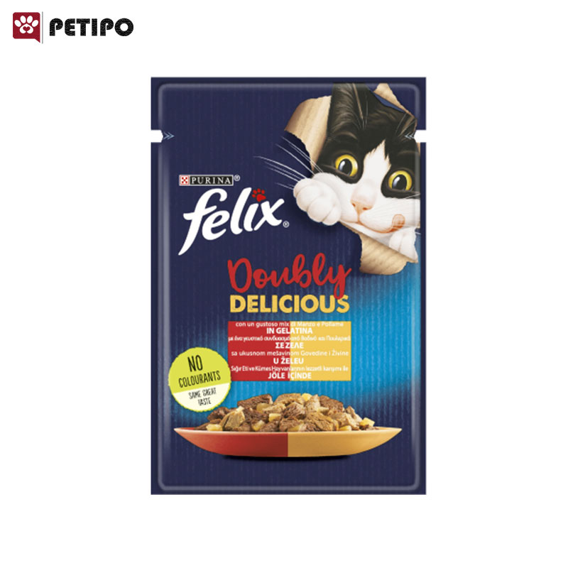 غذای پوچ گربه با طعم میکس مرغ و گوشت گاو فلیکس (Felix Pouch Beef and Chicken in Jelly) وزن 85 گرم